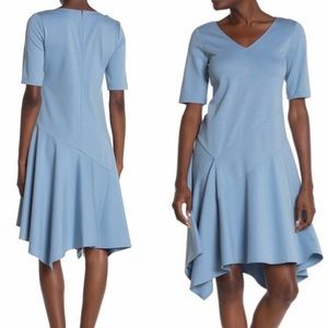 Lafayette 148 Placid Blue Short Sleeve Asymmetrical Hem Dress Large NWT